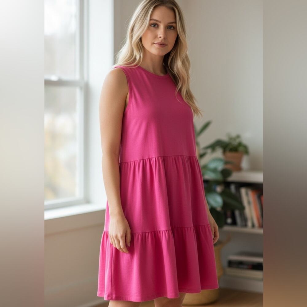 J. Crew  Sleeveless Vibrant Pink Cotton Knit Tiered Mini Dress Size XL